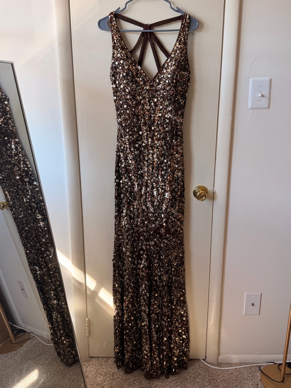Vintage Y2K Mac Duggal Cassandra Stone Bronze Sequin Gown Size 10